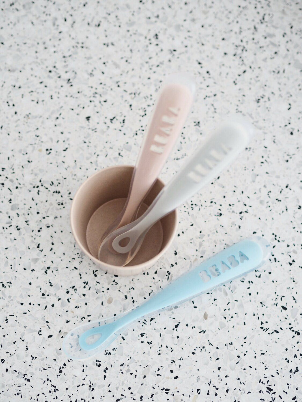 Set von 2 Easy-Grip 1st Stage Silicone Spoons + Lagergehäuse